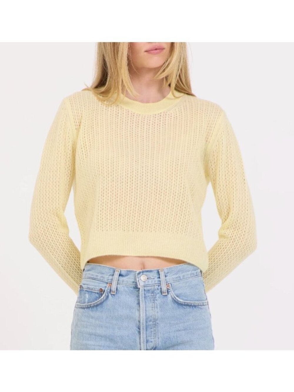 One Grey Day OGD Camille 100% Cashmere Pointelle Pullover Sweater Lemon XS
